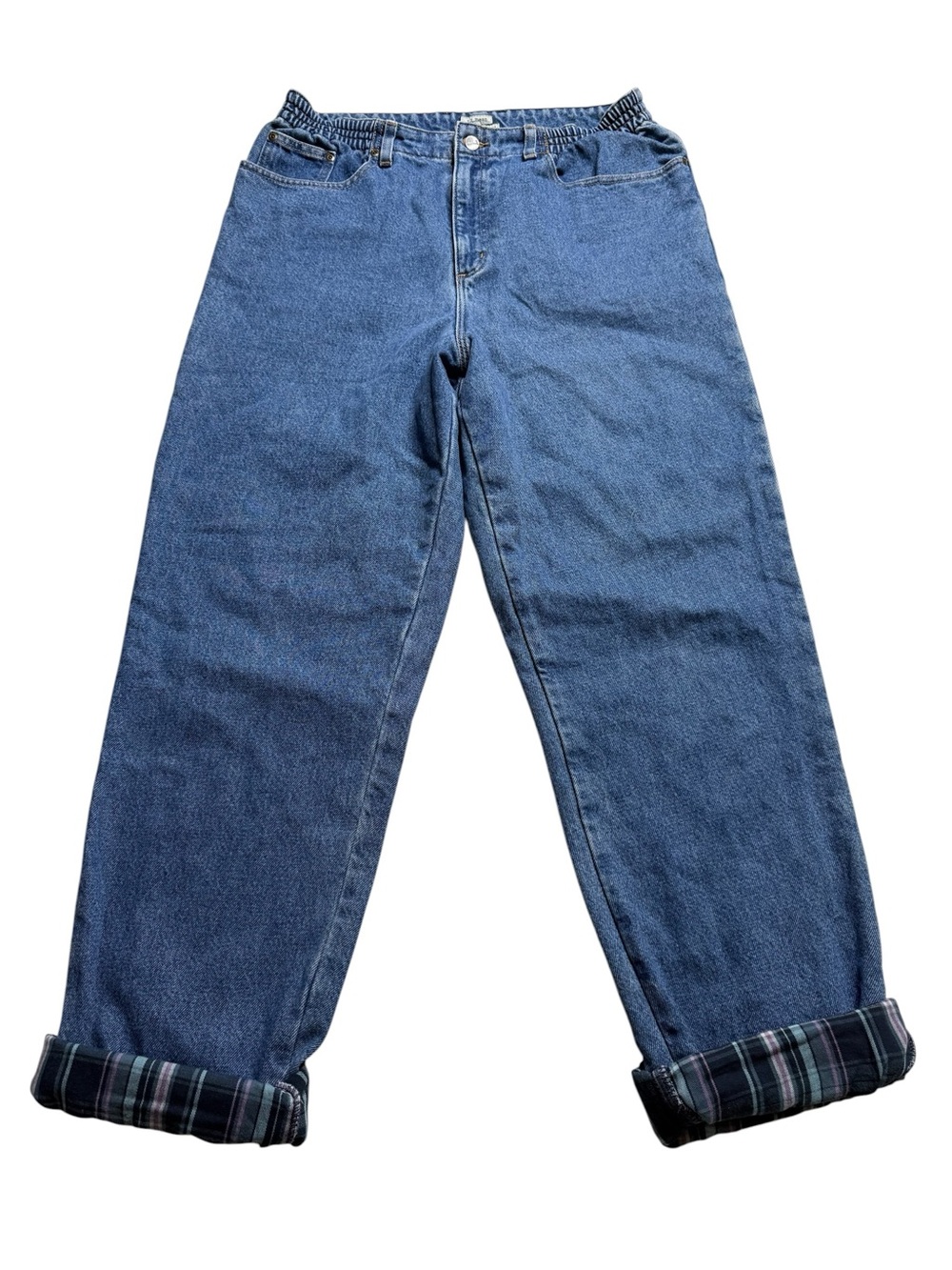LL Bean Original Fit Relaxed Blue Plaid Flannel Lined Jeans Sz 14 Regular